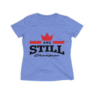And Still Champion logo black lettering women's stay-dry wicking tee