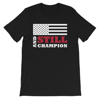 And Still Champion flag with ASC logo on back label men's T-shirt