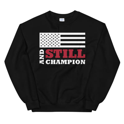 And Still Champion flag on front with ASC logo on back label women's sweatshirt