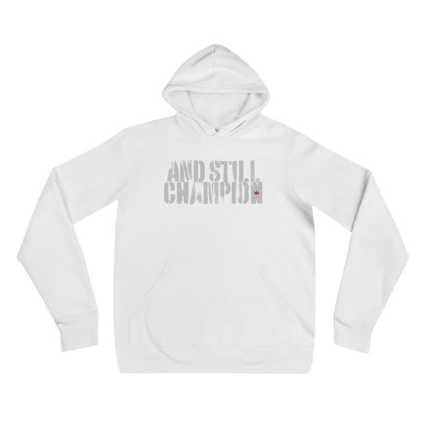 And Still Champion stencil-like light lettering women's pull-over hoodie