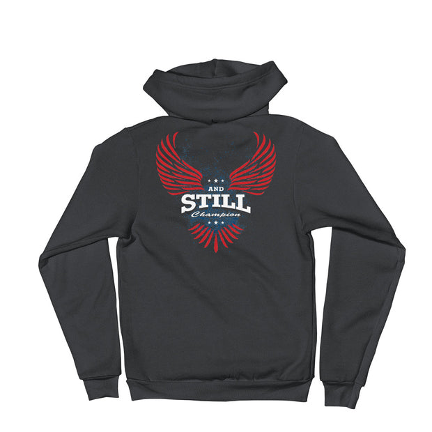 And Still Champion crest and sleeve logo, Soaring Champion on back men's zip-up hoodie