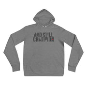 And Still Champion stencil-like dark lettering women's pull-over hoodie