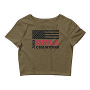And Still Champion flag with ASC logo on back label women's crop top