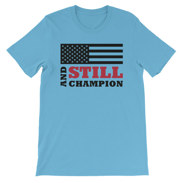 And Still Champion flag with ASC logo on back label men's T-shirt