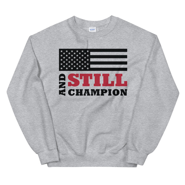 And Still Champion flag on front with ASC logo on back label women's sweatshirt