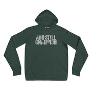 And Still Champion stencil-like light lettering men's pull-over hoodie